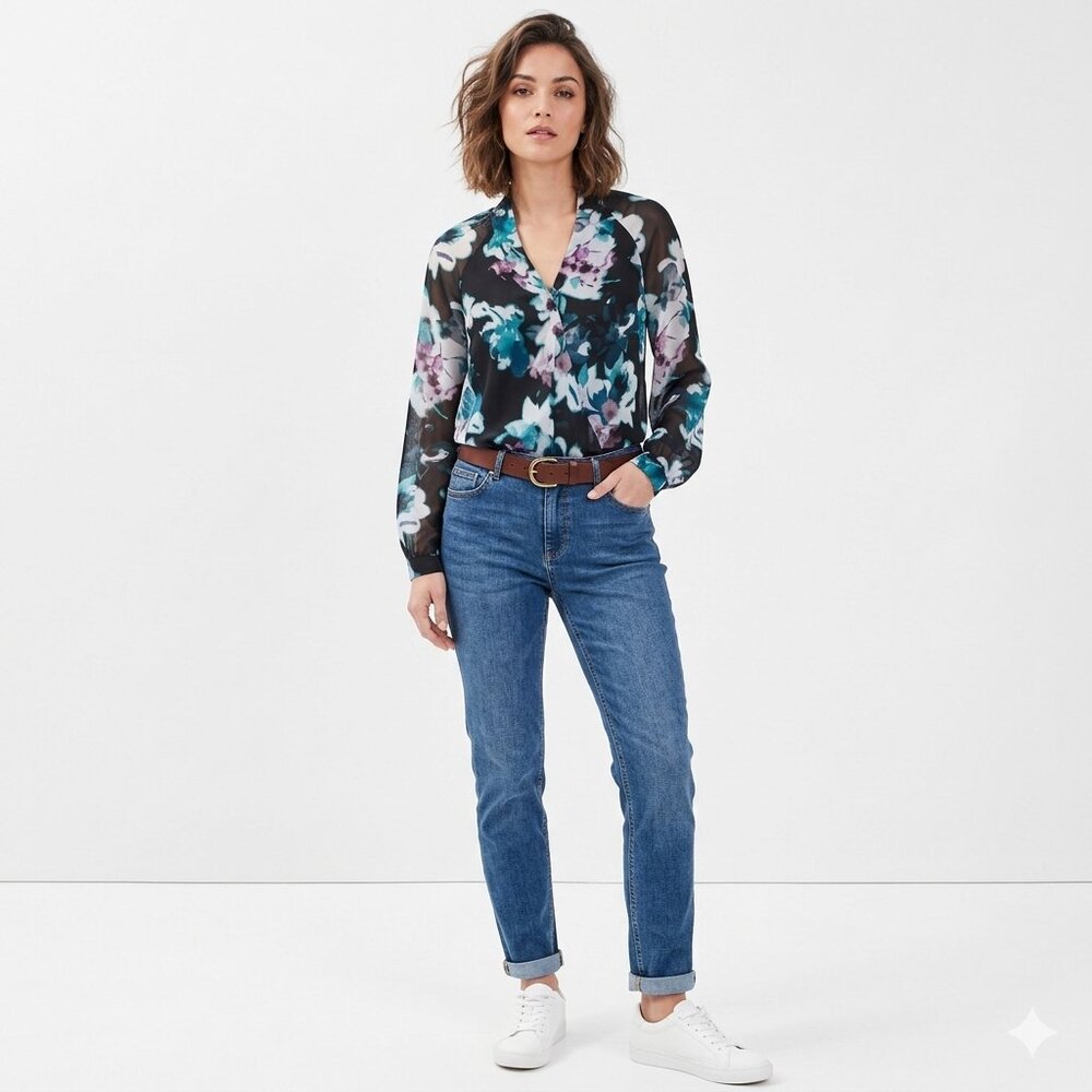 Jennifer Lopez Faux-Wrap Blouse: Winter Bloom Floral Print  Sz Medium